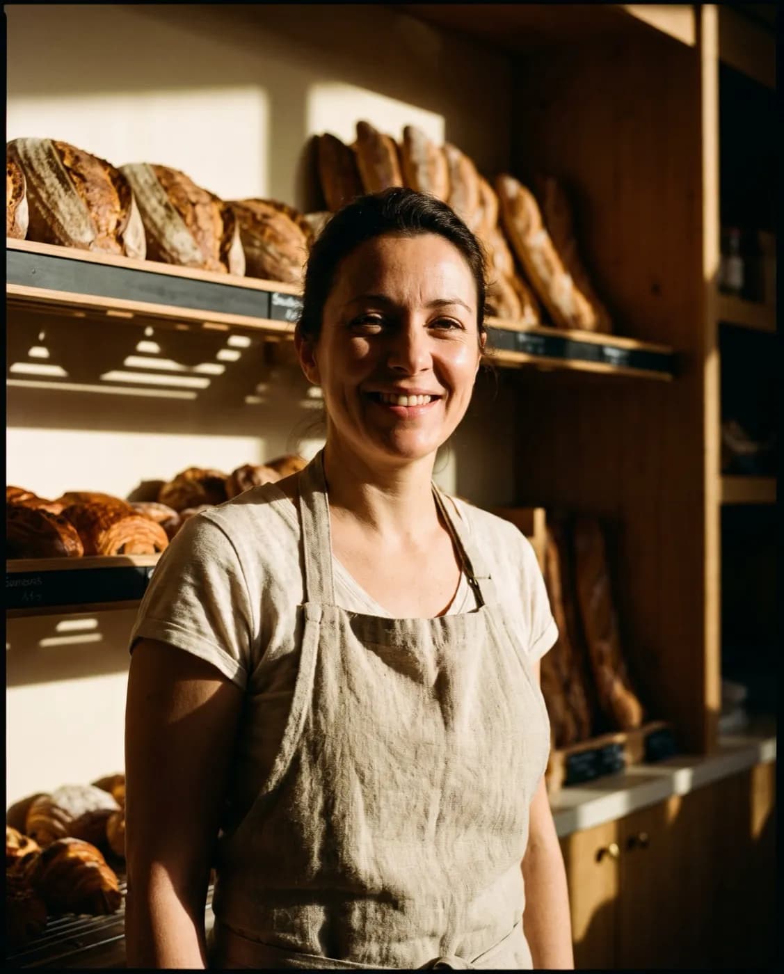Une boulangère souriante devant ses pains, dans sa boutique
