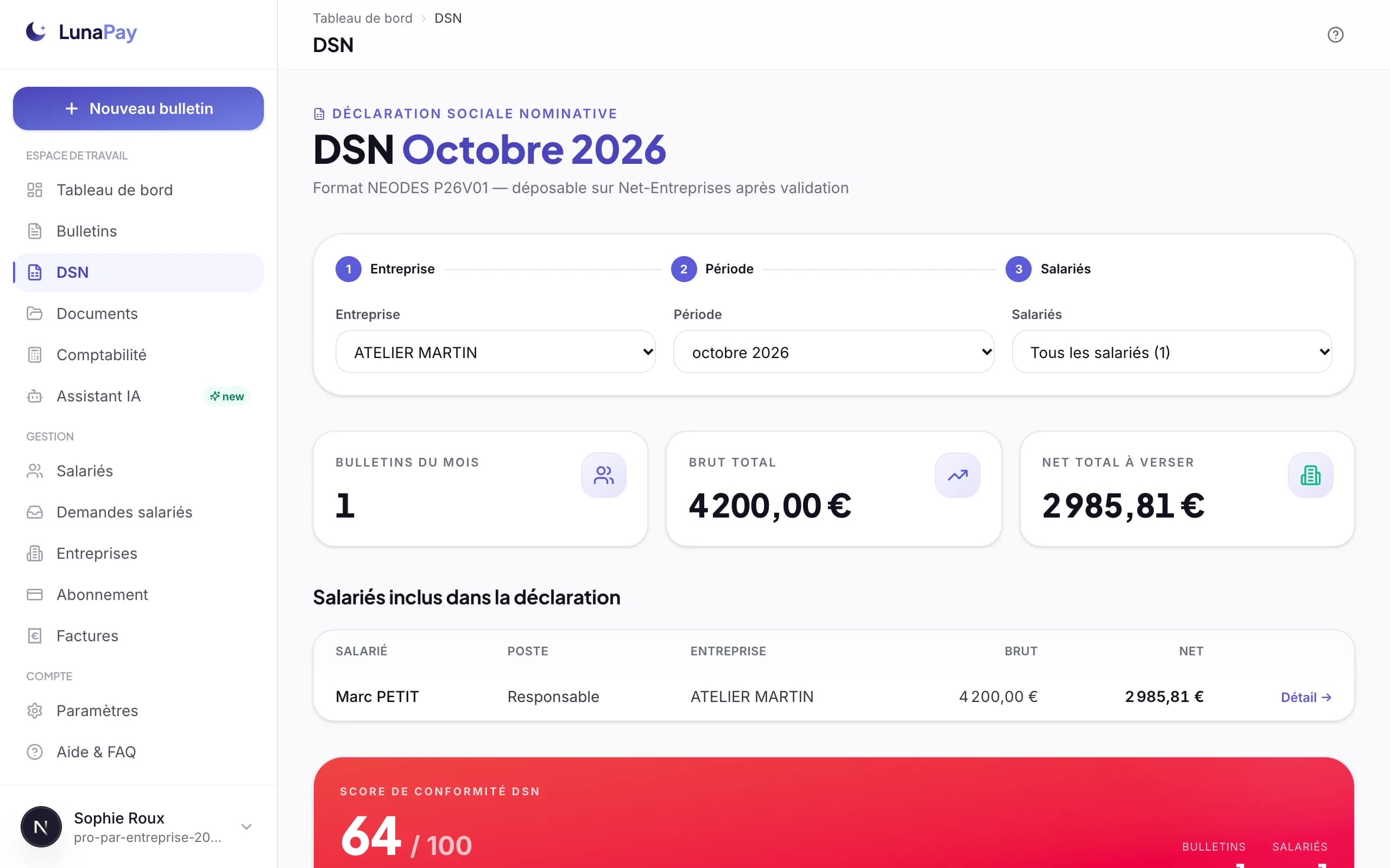 Écran DSN de Lunapay : entreprise, période, salariés inclus et totaux du mois