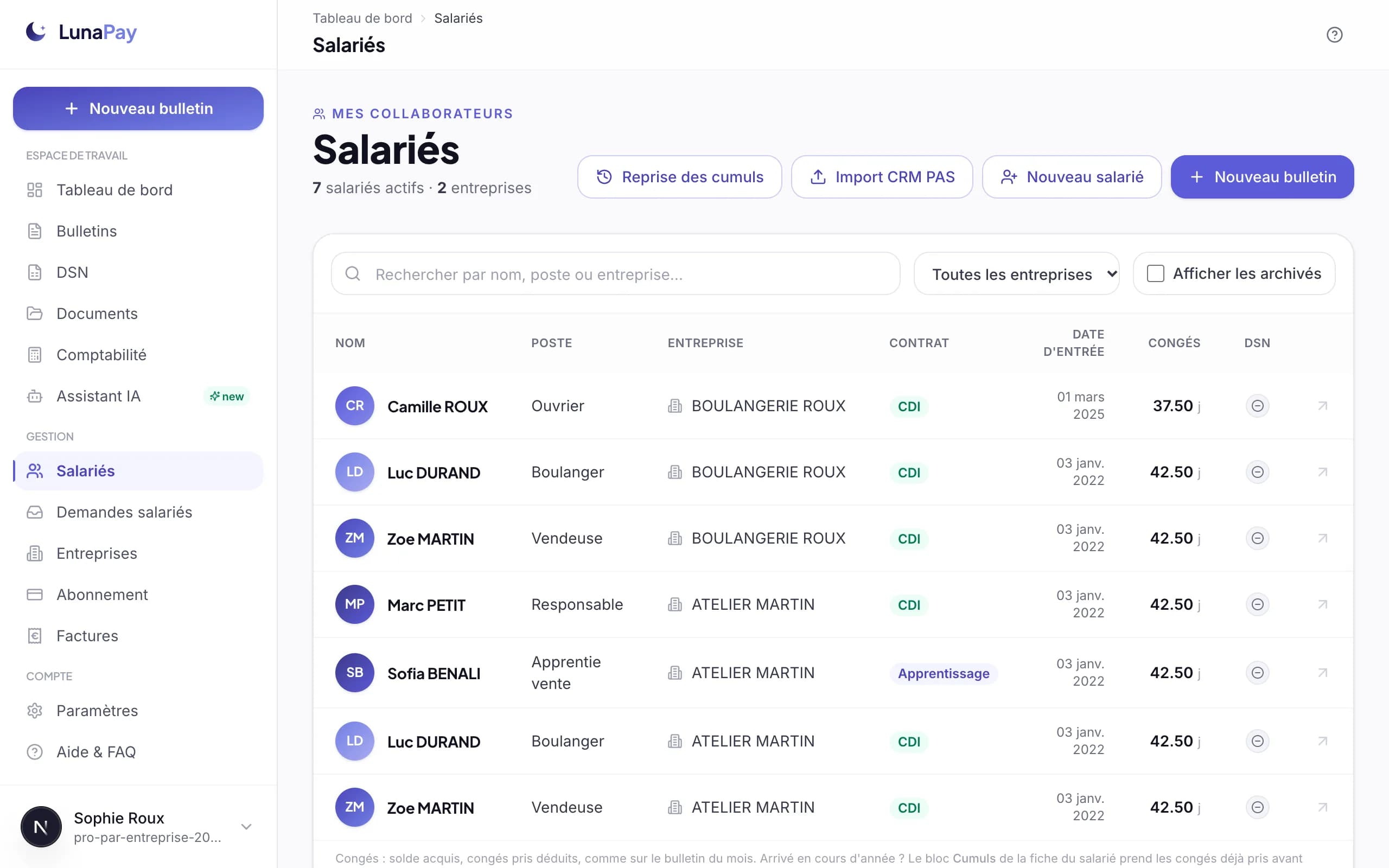 Écran Salariés de Lunapay