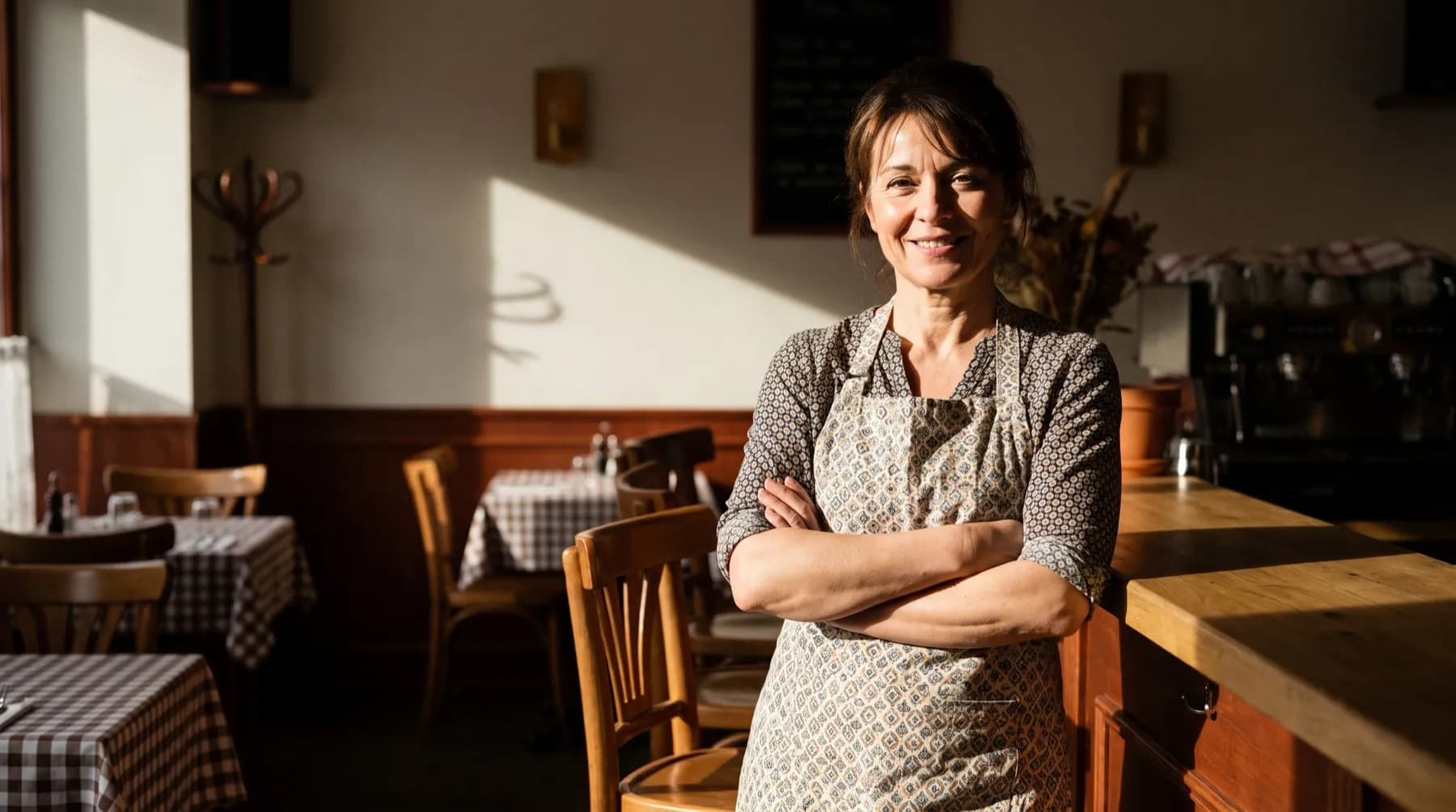 Une restauratrice souriante, bras croisés, dans la salle de son restaurant